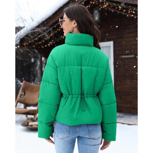 Women’s Jacket Puffer Quilted Jackets Long Sleeve Stand Collar Zipper Coat Green - Picture 3 of 6